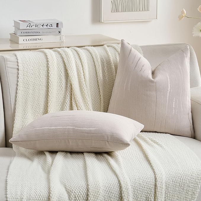 FUTEI Beige Chenille Decorative Throw Pillow Covers 12x20 Inch Set of 2,Soft Embossed Striped Textured Lumbar Pillow Cases,Modern Home Decor for Couch Bed Living Room