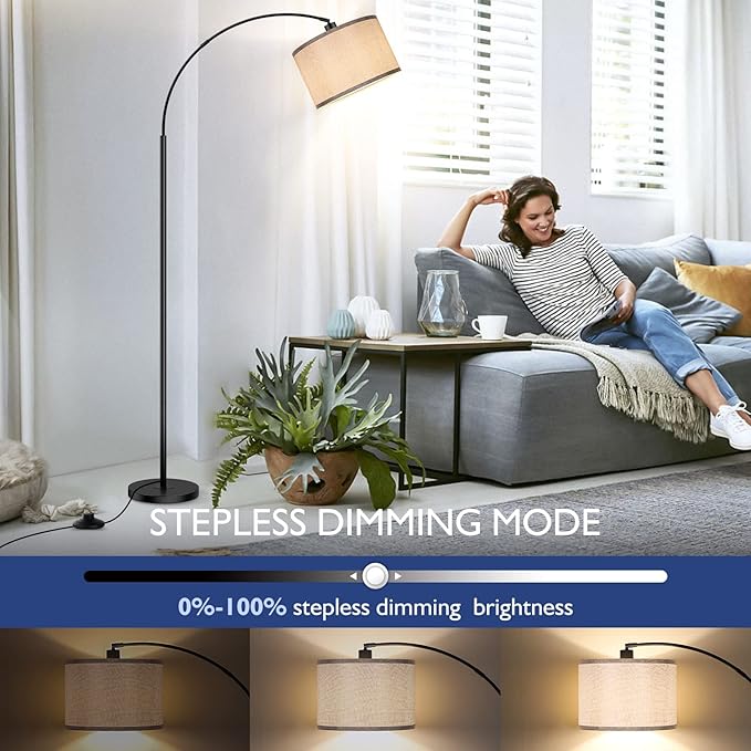 Arc Floor Lamps for Living Room, Modern Remote Control Standing Lamp with Stepless Dimmable, Black Tall Lamp with Gary Drum Shade, Over Couch Arched Reading Light for Bedroom, Office(Bulb Included)