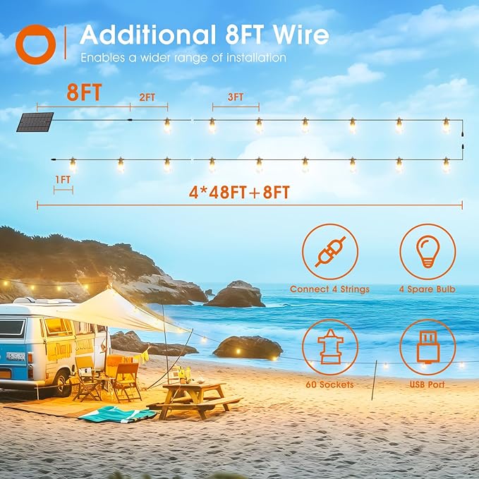 addlon 200FT(192+8) Solar String Lights Outdoor Waterproof with 6W Panel USB & Remote Control Patio Lights Long Last for 20+Hrs Dimmable Solar Power LED Bulbs for Porch Garden Market Bistro Backyard