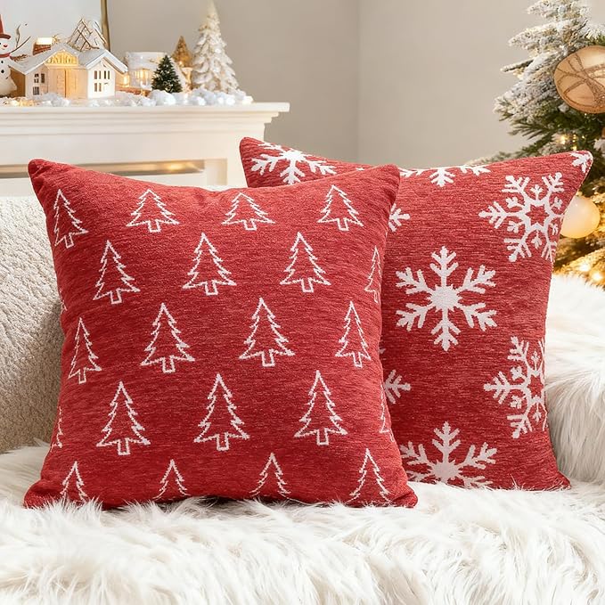 2 Pack Christmas Pillow Covers 18x18, Chenille Double-Sided Snowflake & Christmas Tree Decorative Throw Pillow Cases, Soft Farmhouse Holiday Cushion Covers for Sofa Couch Bed(Red,18x18)