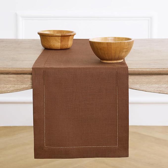 Solino Home Linen Brown Table Runner 72 Inches Long - 100% Pure Linen Hemstitch Table Runner 14 x 72 Inch for Dresser, Dining, Fall, Autumn, Thanksgiving - Classic Hemstitch
