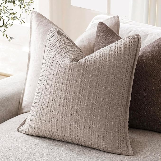 Foindtower Set of 2 Decorative Cotton Waffle Weave Throw Pillow Covers Euro Shams Cushion Covers Accent European Pillowcase for Bed Couch Sofa Bedroom Living Room Home Decor 22×22 Inch Tan Beige