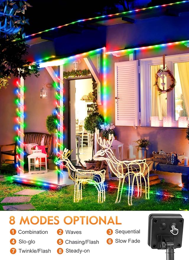 Brightown Solar String Lights Outdoor 2 Pack 72 Feet 200 LED Waterproof Solar Powered String Lights with 8 Lighting Modes, Waterproof Solar Rope Lights for Outside Christmas Party, Multicolor