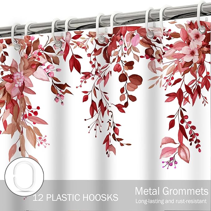Eucalyptus Shower Curtain, Red Watercolor Leaves with Floral Botanical Bathroom Decor, Waterproof Fabric Bath Curtain Set with Hooks, 72x84 Inches