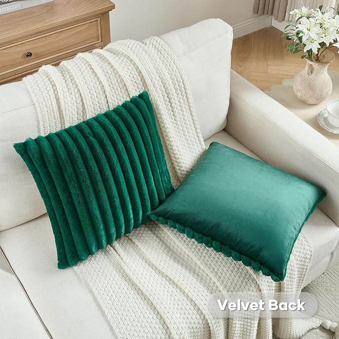 FUTEI Emerald Green Striped Decorative Throw Pillow Covers 26x26 Inch Set of 2,Square Winter Decorations Couch Euro Pillow Shams,Soft Cozy Faux Rabbit Fur & Velvet Back,Modern Home Decor for Bed
