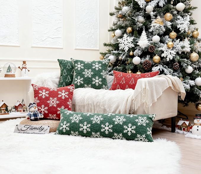 2 Pack Soft Chenille Christmas Reversible Throw Pillow Covers 12x20, Holiday Double-Sided Snowflake & Tree Cushion Cases for Sofa Couch Living Room(Green,20x12)