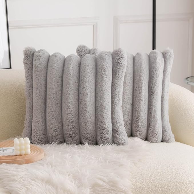 Neelvin Grey Faux Fur Cozy Soft Striped Decorative Throw Pillow Covers 26x26 inch Set of 2,Velvet Pillowcase Cushion Case for Sofa Couch