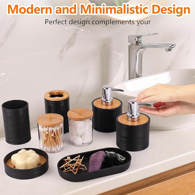 Bathroom Accessory Set,10 PCS Black Bathroom Accessories Set with Trash Can, Toothbrush Holder, Soap Dispenser, Toothbrush Cup, Vanity Tray, Soap Dish, Toilet Brush, Qtip Holders