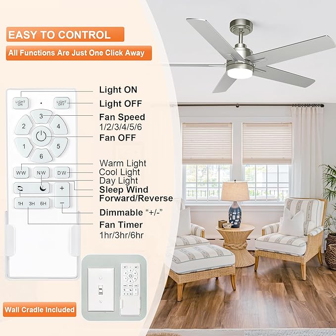 YUHAO 48 Inch Brushed Nickel Ceiling Fan with Light and Remote Control.Noiseless,Dimmable, 3CCT,6 Speeds Reversible, Modern DC Ceiling Fans for Indoor Use