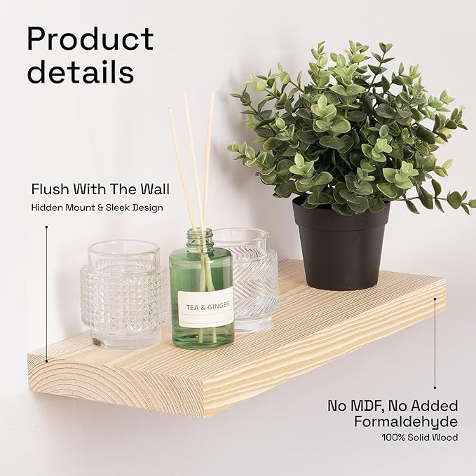 BAOBAB WORKSHOP Wood Floating Shelves for Bathroom Wall - Rustic Shelf 16 inch - Floating Wooden Shelves for Bedroom Kitchen Living Room - Natural Wood Shelves - DIY, 16 x 6.7 Inch, Set of 2