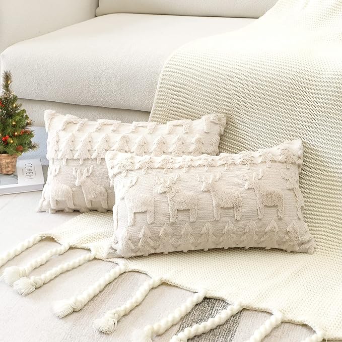 OTOSTAR Set of 2 Xmas Soft Plush Short Wool Velvet Decorative Throw Pillow Covers Square Luxury Style Cushion Case Pillow Shell for Sofa Bedroom Christmas Tree and Elk Cream Beige, 16x24 Inch