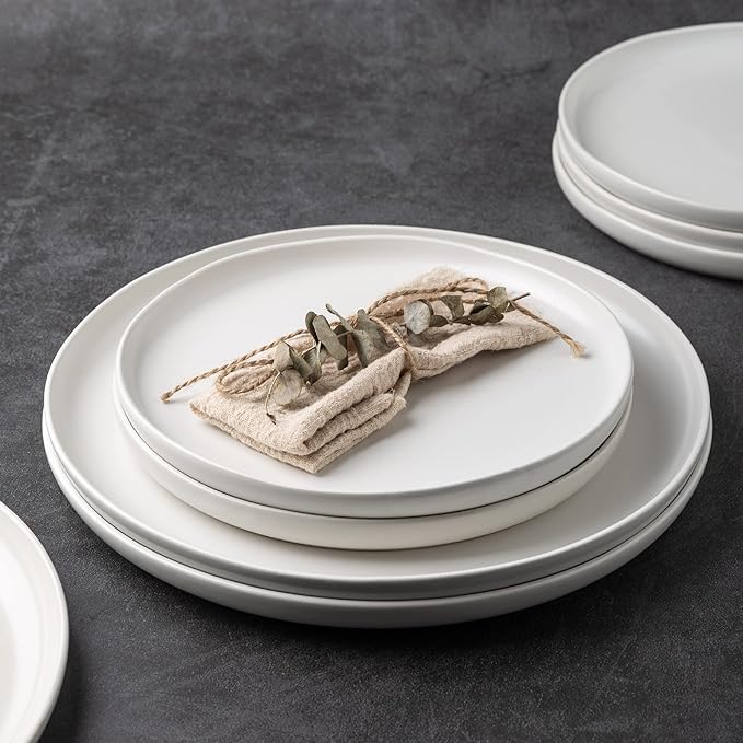 AmorArc Dinner Plates Set of 4, Handcrafted Porcelain Wavy Rim 10.5 Inch Modern Ceramic Plates Set, Dinnerware Dishes for Kitchen-Microwave&Dishwasher&Oven Safe, Chip resistant-Matte White