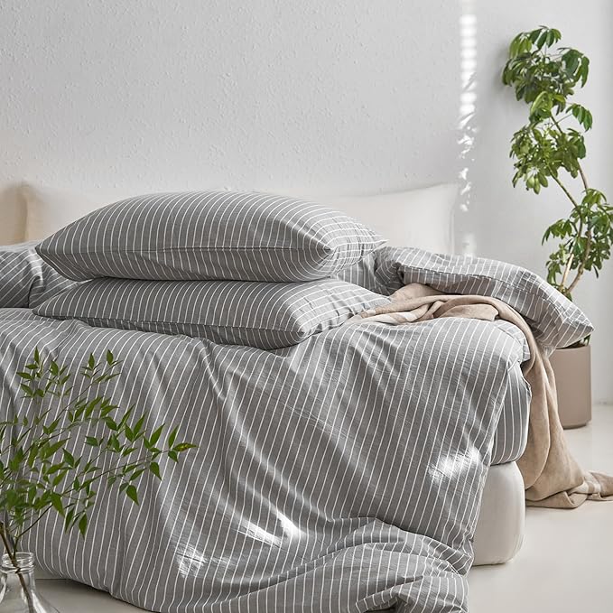 MooMee Striped Duvet Cover Set 100% Washed Cotton Linen Like Textured Breathable Durable Soft Comfy (Light Grey White Wide Stripes, Oversized King Plus 128"x120")