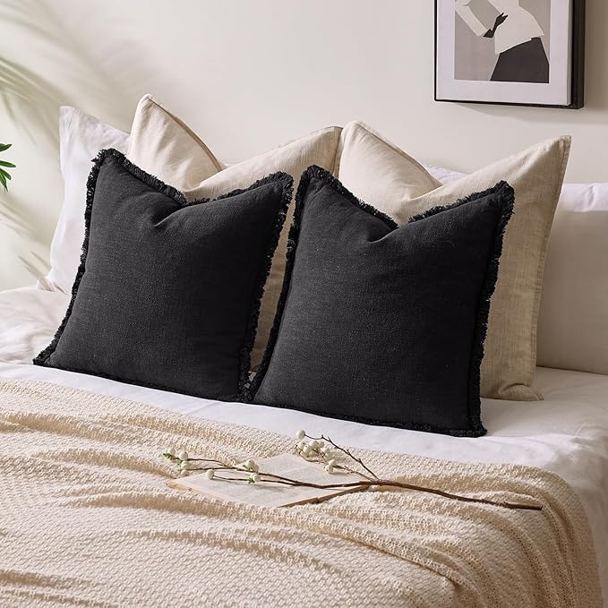 Woaboy Decorative Linen Fringe Throw Pillow Covers Boho Farmhouse Soft Euro Accent Pillowcases with Tassels for Bed Living Room Couch Sofa Bedroom,24x24 Inch Set of 2,Black