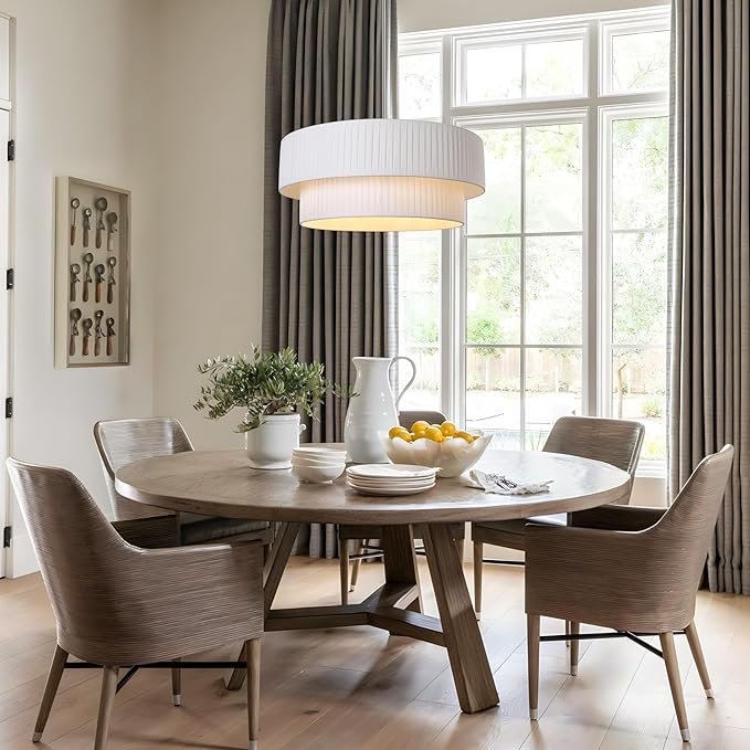 LamQee Large 5-Light Drum Chandelier, 2-Layer 23.6inch-Chrome Ceiling Light Fixture with Fabric Shade Modern Hanging Pendant Light for Dining Room Living Room Bedroom Kitchen Island