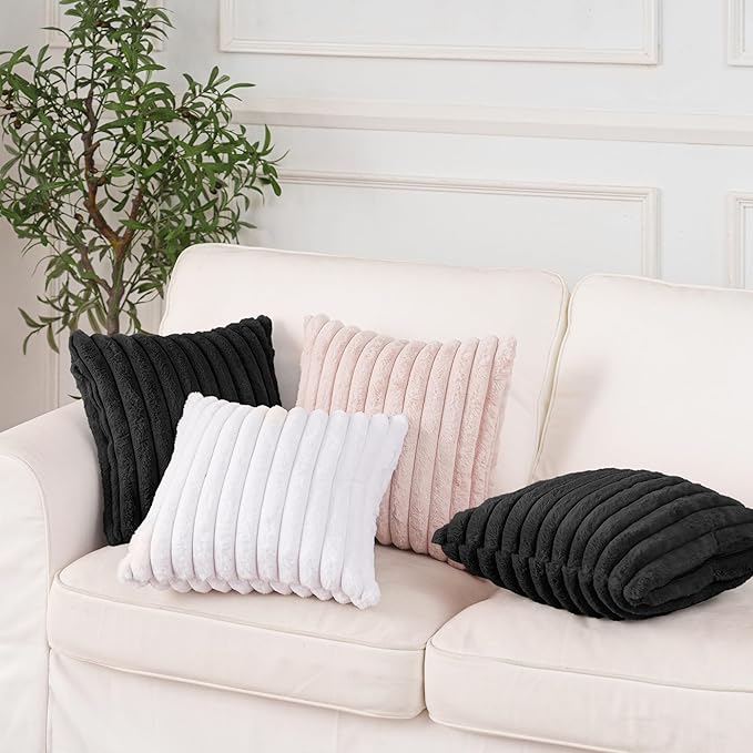 NiNi ALL Faux Fur Plush Throw Pillow Covers Black 24x24 Inch Set of 2 Decorative Soft Plush Striped Couch Pillow Cover for Sofa Cushion Cases for Couch Bed Home Decor