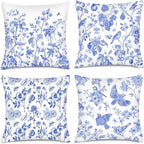 Blue Floral Bird Pillow Covers 18x18 Inch, Chinoiserie Throw Pillow Cases Set of 4 Spring Summer Flower Decorative Pillowcases for Couch Bed Sofa Cushion Living Room, Chinoiserie Decor