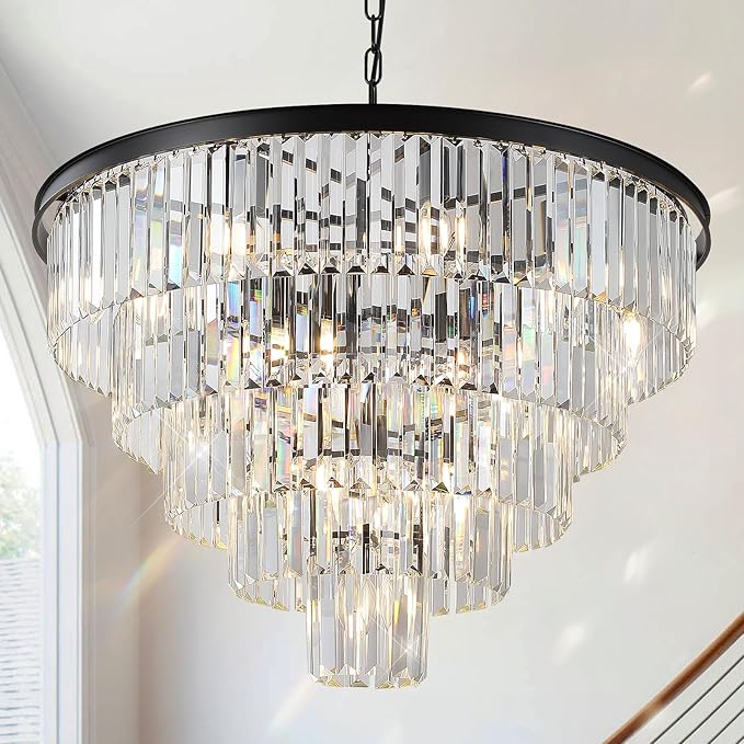 Large Black Crystal Chandeliers 30” Modern Chandelier for High Ceiling Foyer 5 Tiers 16 Lights Contemporary K9 Ceiling Pendant Light Fixture for Staircase Dining Room Bedroom