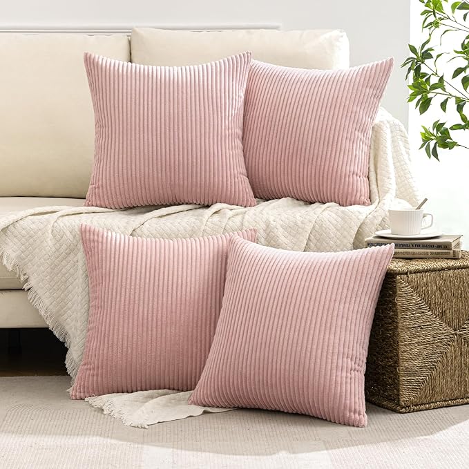 MIULEE Boho Farmhouse Throw Pillow Covers 18x18 Inch Set of 4 Mordern Nordic Cushion Covers Soft Corduroy Home Decor for Couch Bed Sofa Living Room Pink