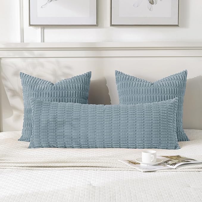 Fancy Homi 1 Pack Light Blue Long Lumbar Body Decorative Throw Pillow Covers 14x36 Inch for Bed Couch Bedroom Bench, Soft Corduroy Rectangle Solid Pillow Case 35x91 cm, Rustic Farmhouse Boho Decor