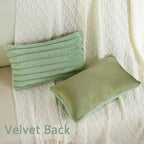 FUTEI Sage Green Striped Decorative Throw Pillow Covers 12x20 Inch Set of 2,Rectangle Winter Decorations Couch Lumbar Pillowcase,Soft Cozy Faux Rabbit Fur & Velvet Back,Modern Home Decor for Bed