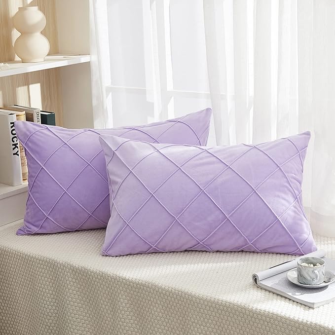 JAUXIO Diamond Pinch Pleated Crystal Velvet Pillowcases 2 Pack Solid Pintuck Throw Cushion Cover for Home Decor Hidden Zipper Closure (Lilac, Standard)