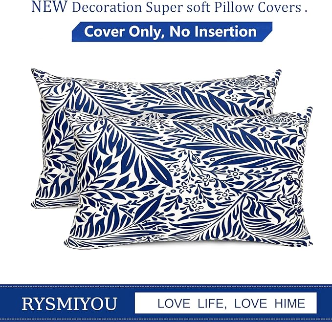 Decorative Throw Pillow Covers Set of 2 Blue Pillow Covers 12x20 inch Throw Pillow Cases Soft Short Plush Farmhouse Floral Outdoor Pillow Covers for Couch Sofa Bed Living Room Cushion Cover
