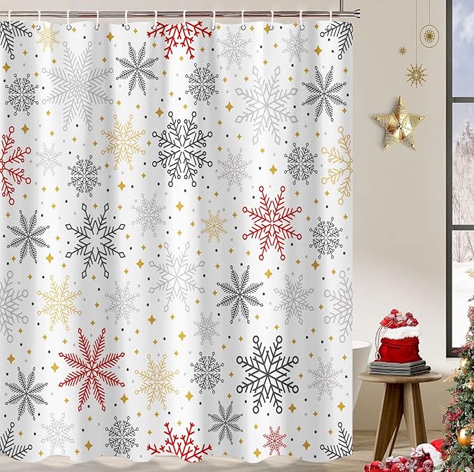 Winter Snowflakes Shower Curtain for Christmas Bathroom Decorations, Cute Xmas Snowflake Red Grey White Golden Shower Curtain Set, Fabric Silver Glitter Sparkle Merry Xmas Holiday Shower Curtain 72X72