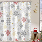 Winter Snowflakes Shower Curtain for Christmas Bathroom Decorations, Cute Xmas Snowflake Red Grey White Golden Shower Curtain Set, Fabric Silver Glitter Sparkle Merry Xmas Holiday Shower Curtain 72X72