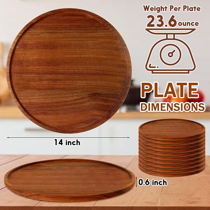 Rtteri 10 Pieces Acacia Round Wood Plates 14 x 0.6 Inch Dinner Plates Wooden Charger Platter Bulk Easy Cleaning Lightweight Serving Tray for Dishes Snack Dessert