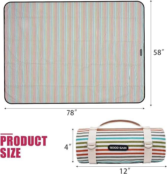 G GOOD GAIN Waterproof Picnic Blanket Portable with Carry Strap for Beach Mat or Family Outdoor Camping Party（Vibrant）