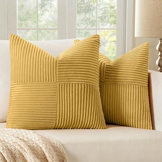 MIULEE Gold Corduroy Pillow Covers Pack of 2 Boho Decorative Spliced Throw Pillow Covers Soft Solid Couch Pillowcases Cross Patchwork Textured Cushion Covers for Living Room Bed Sofa 18x18 inch