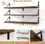 Fun Memories Floating Shelves, 32 x 8 Inches, Set of 3 Wall-Mounted Bookshelves with Metal Brackets, Decorative Storage for Home and Office (Rustic Brown)