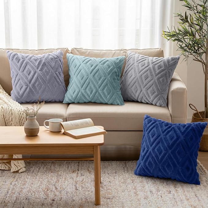 decorUhome Pack of 4 Faux Fur Throw Pillow Covers 20x20, Soft Decorative Couch Pillow Covers with Velvet Back for Modern Sofa Living Room, Grey/Blue