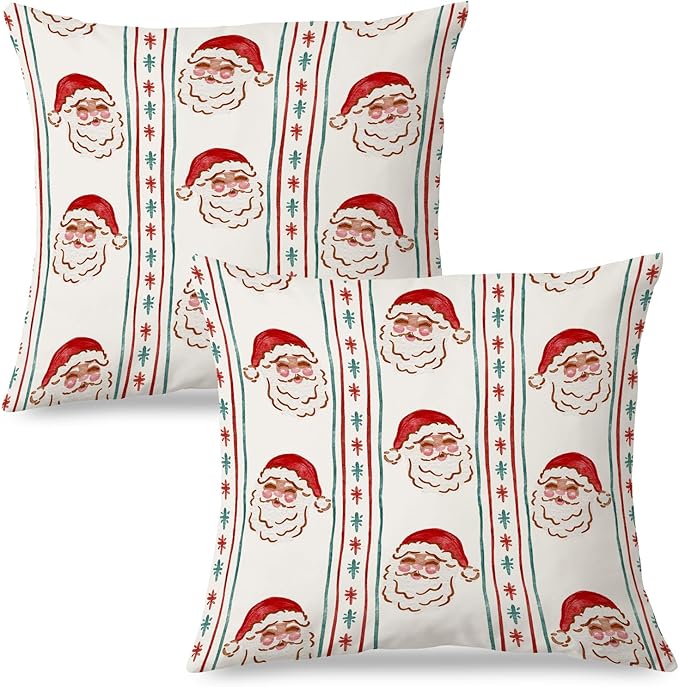 JINYO Vintage Red Christmas Santa Pillow Covers 18x18, Christmas Santa Decor, Red and Green Xmas Striped Holiday Throw Pillow Covers for Home Living Room Bedroom Sofa Couch Set of 2