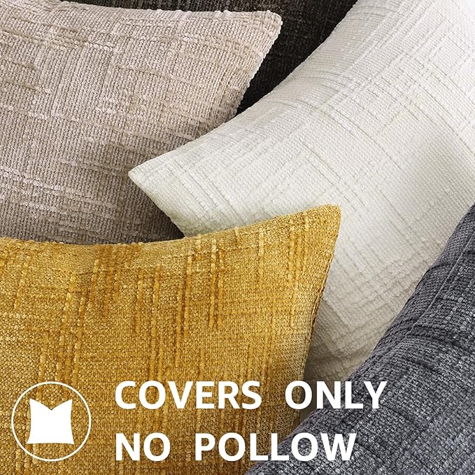 decorUhome Mustard Yellow Chenille Throw Pillow Covers 24x24 Set of 2 Thick Textured Slubby Couch Pillow Covers Farmhouse Accent Modern Neutral Decorative Pillow Cases for Bed Sofa Living Room