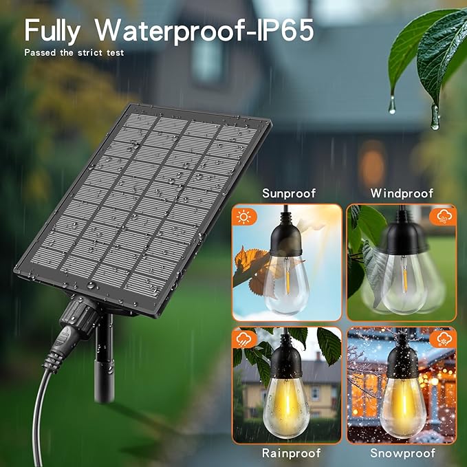 33FT Outdoor Solar String Lights Waterproof with USB Port & Remote Control, Solar Patio Lights Long Last for 20+Hrs, Dimmable LED Shatterproof Bulbs, outdoor lights for Camping Backyard Garden