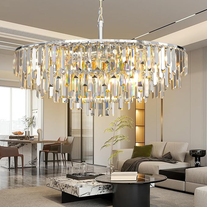 Modern Round Top K9 Crystal Chandelier, 13 Lights, Adjustable Hanging Lamp, Chrome, Living Room, Dining Room, W31, L6.6xW33xH33