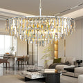 Modern Round Top K9 Crystal Chandelier, 13 Lights, Adjustable Hanging Lamp, Chrome, Living Room, Dining Room, W31, L6.6xW33xH33