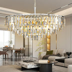 Modern Round Top K9 Crystal Chandelier, 13 Lights, Adjustable Hanging Lamp, Chrome, Living Room, Dining Room, W31, L6.6xW33xH33