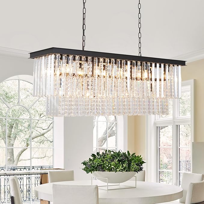 Rectangle Black Dining Room Chandelier Modern Linear Over Table Lighting Fixture 16-Light Chandelier for Kitchen Island, Living Room, Bar