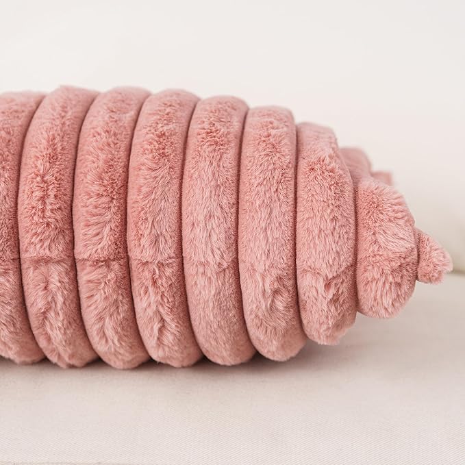 NiNi ALL Faux Fur Plush Throw Pillow Covers Pink 18x18 Inch Set of 2 Decorative Soft Plush Striped Couch Pillow Cover for Sofa Cushion Cases for Couch Bed Home Decor