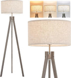 ELYONA Farmhouse Wood Tripod Floor Lamp, Modern Reading Standing Lamp with 3 Color Temperatures LED Blub & Nature Linen Shade, Night Light for Living Room, Bedroom, Study Room, Office, Grey