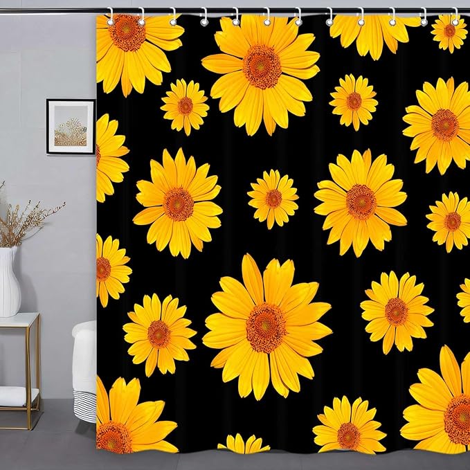 Black and Yellow Daisy Flower Shower Curtain, Rustic Farmhouse Botanical Waterproof Fabric with Hooks Set, 72x72 Inches