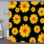 Black and Yellow Daisy Flower Shower Curtain, Rustic Farmhouse Botanical Waterproof Fabric with Hooks Set, 72x72 Inches