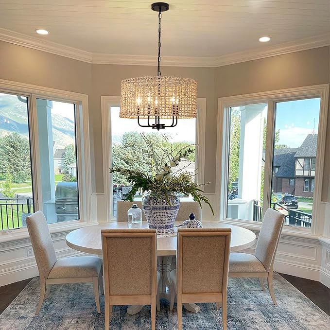 Rattan Chandelier for Dining Room 5-Light Boho Chandeliers Light Fixture Brown and Black Woven Pendant Light Farmhouse Light Fixtures for Living Room,Foyer,Kitchen Island,Coastal,Stairway,Hallway,E12