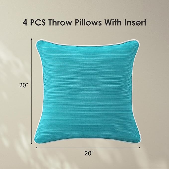 Decorative Outdoor Water Repellent Throw Pillows with Inserts, Set of 4, 20" x20" Pillows for Patio, Backyard, Bed, Couch, and Patio Furniture, Turquoise