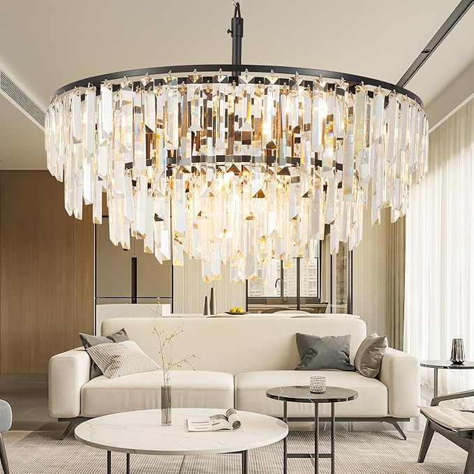 Black Modern Round Top K9 Crystal Chandelier Lighting Fixture, 8 Lights Round K9 Crystal Adjustable Hanging Lamp for Dining Room Bedroom Living Room,Hallway,Bar,Kitchen W24'