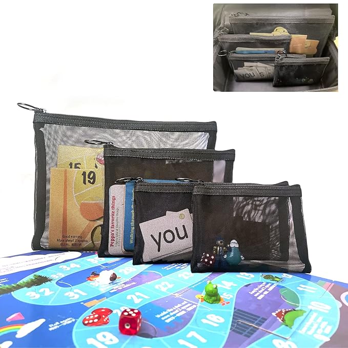 patu Zipper Mesh Bags, Pack of 5 (XS/S/M/L & Long Pouch), Beauty Makeup Cosmetic Accessories Organizer, Travel Toiletry Kit Set Storage Case, Black