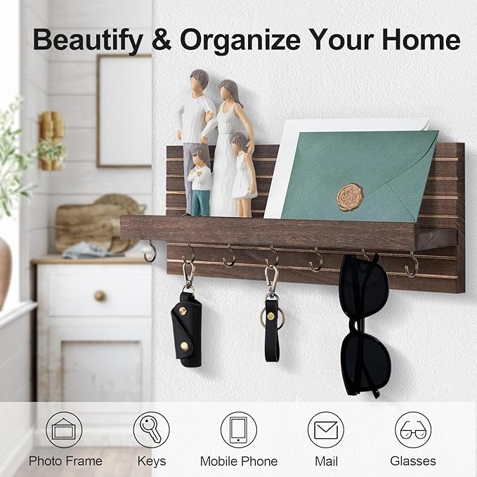 Key Holder Wall Mount, Entryway Mail Organizer with Shelf, Decorative Key Hanger with 7 Hooks Holds Leashes and Glasses, Includes Mounting Hardware (13.8” x 5.3” x 3.2”)
